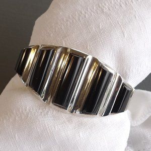 Mexico 64g Pineda-Inspired Onyx Cabochon Hinged Cuff, Sterling, Vintage